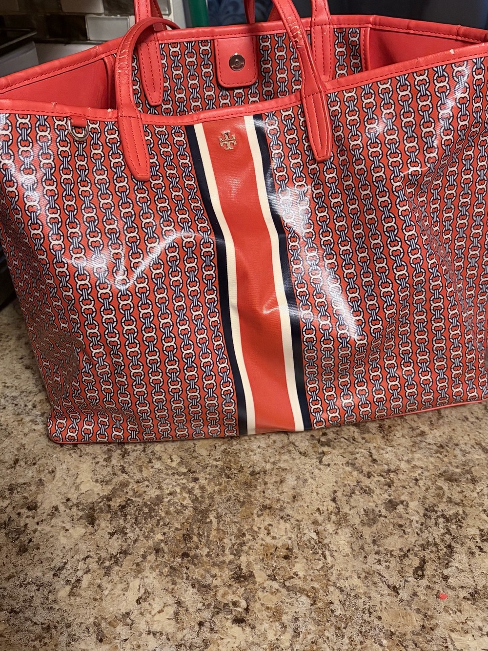 Tory Burch Coral Patterned Logo Stripe Tote